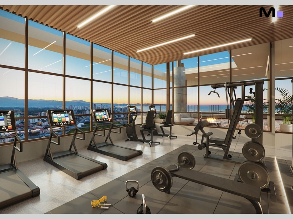 Academia moderna e iluminada com vista panorâmica no Quest Residence.