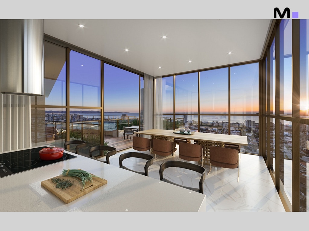 Cozinha moderna e iluminada com vista panorâmica no Quest Residence. Design elegante e contemporâneo.