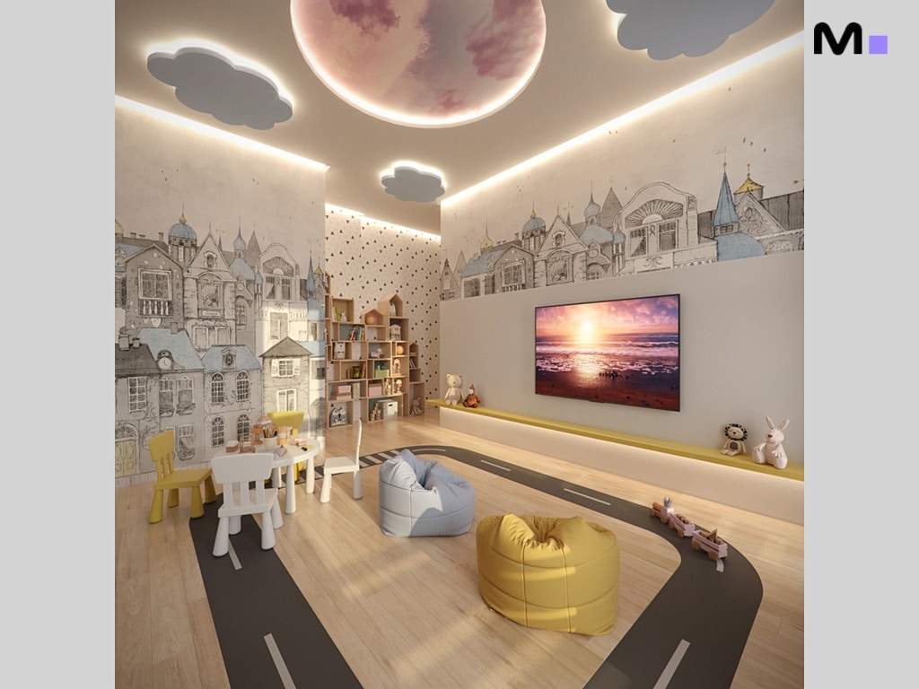 Quarto infantil lúdico com mural de cidade desenhada e pufes coloridos. Quest Residence.