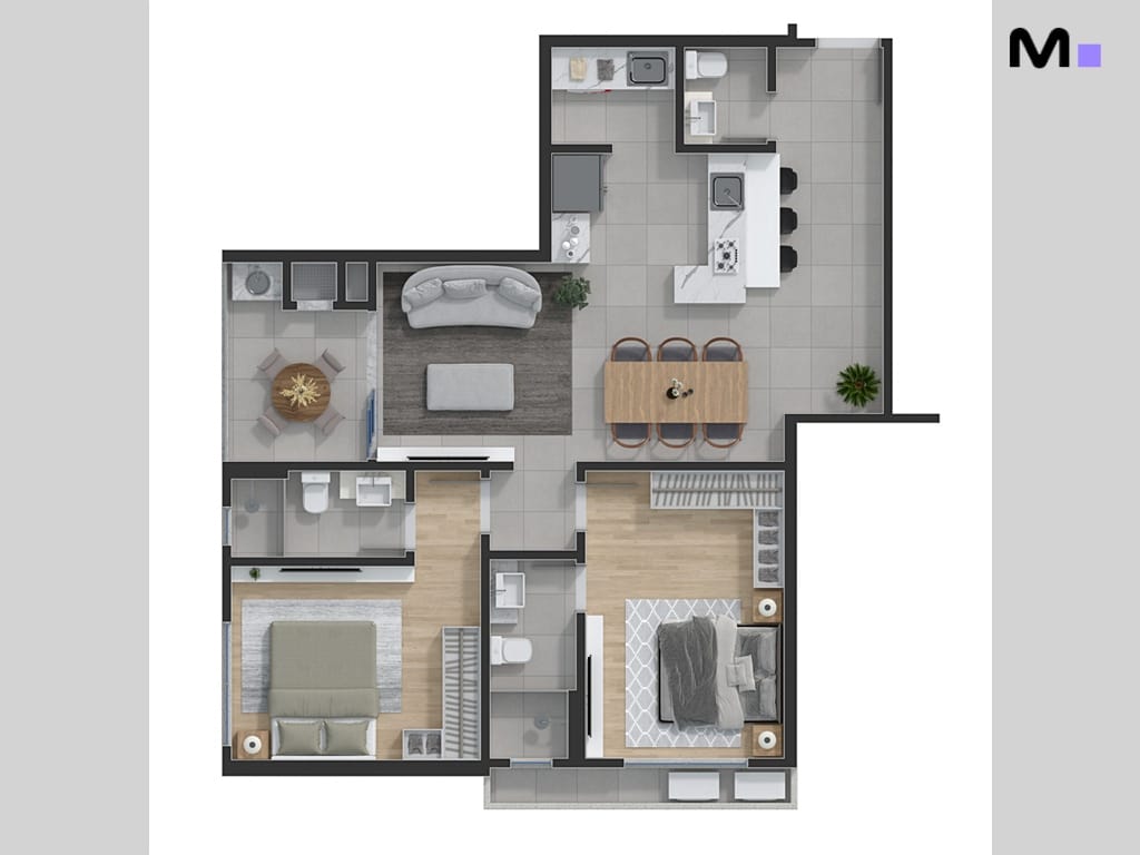 Planta baixa do Quest Residence, mostrando layout de apartamento com dois quartos, cozinha e sala integradas.