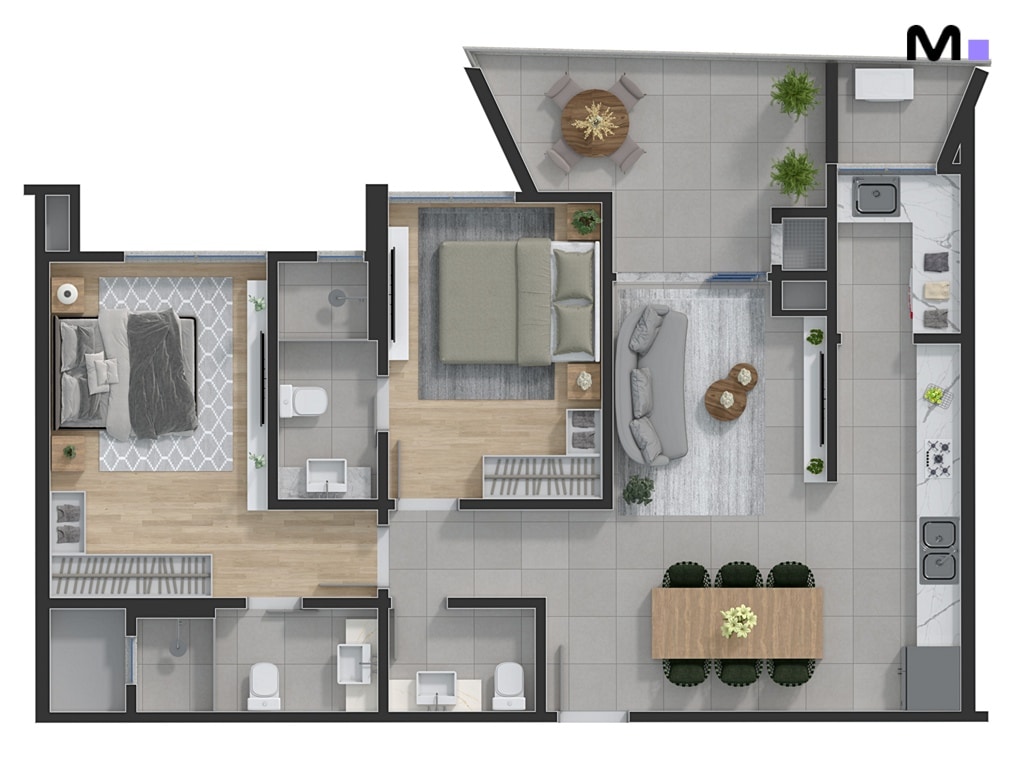 Planta baixa do Quest Residence com dois quartos, sala, varanda e cozinha integrada.