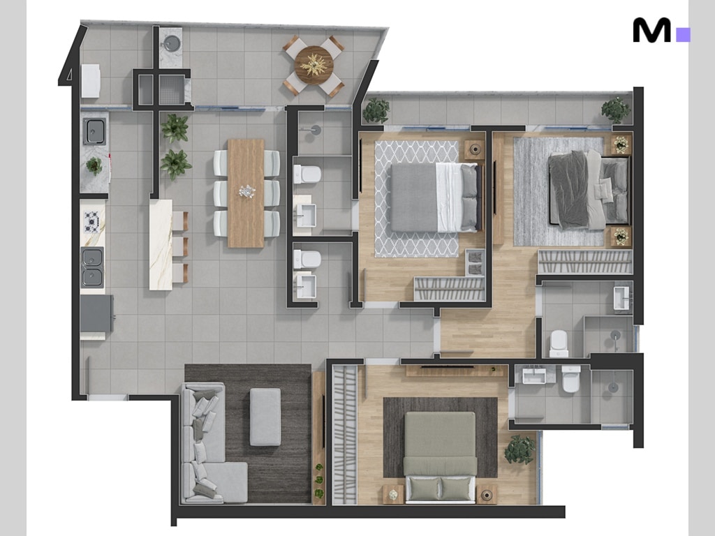 Planta baixa do Quest Residence, com layout de apartamento moderno e elegante.