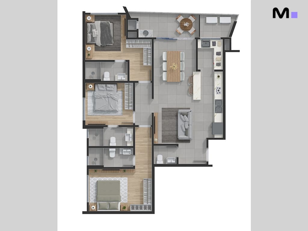 Planta baixa do Quest Residence com quartos, banheiros, sala de estar, jantar e cozinha integrados.