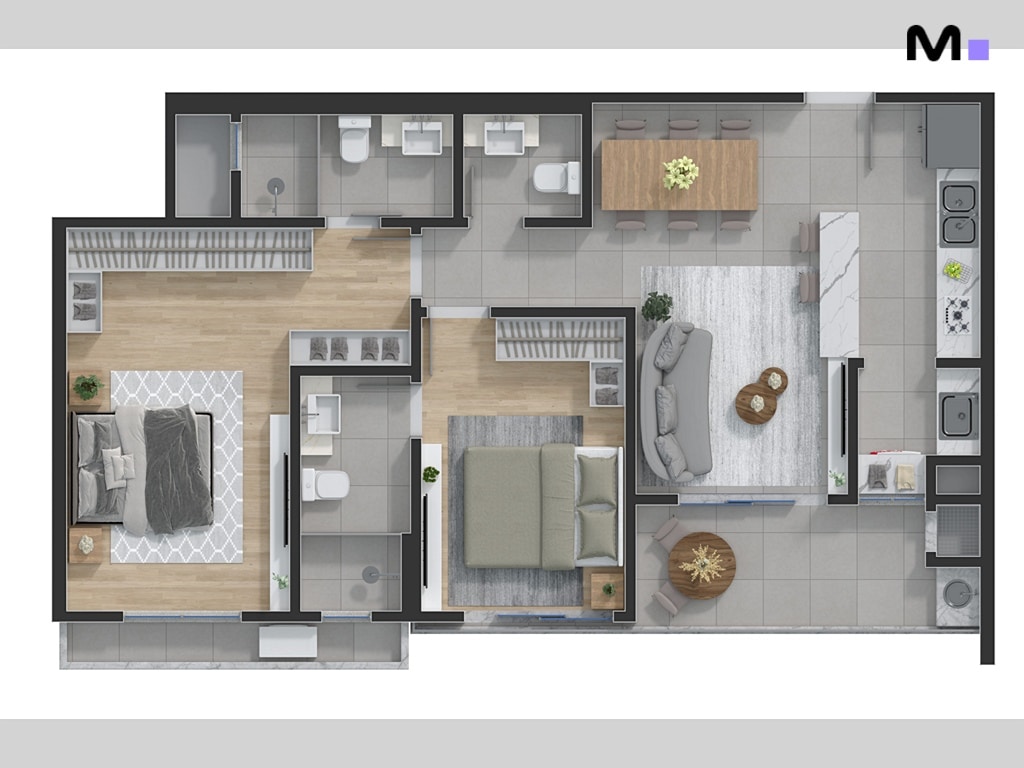 Planta baixa do Quest Residence: layout de apartamento com quartos, banheiros, sala de estar e cozinha.