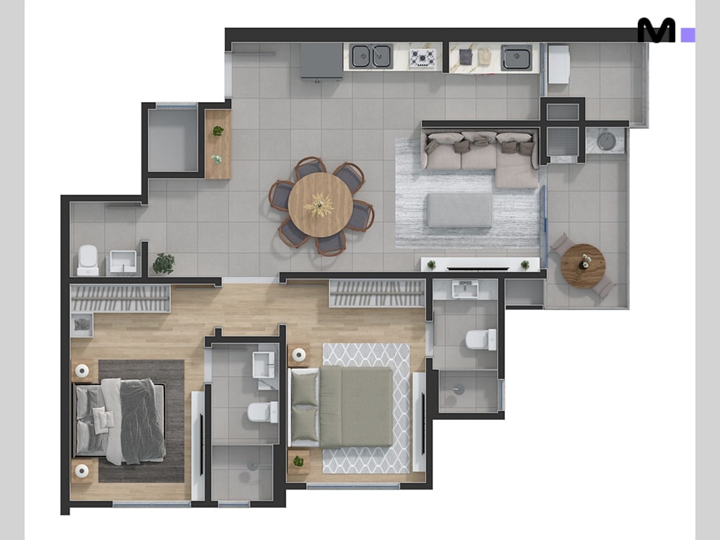 Planta baixa do Quest Residence, mostrando layout de apartamento com dois quartos, sala, cozinha e varanda.