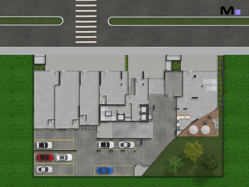Planta baixa do Quest Residence com estacionamento, áreas verdes e apartamentos.