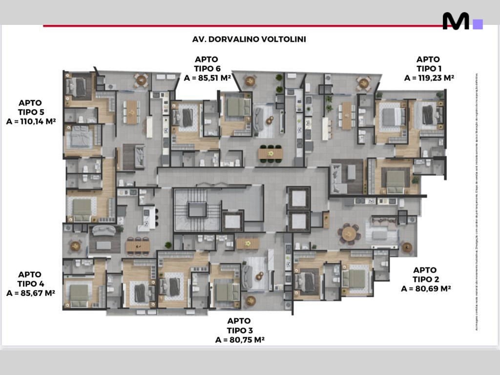 Planta baixa do Quest Residence com apartamentos tipo 1 a 6 e metragens.