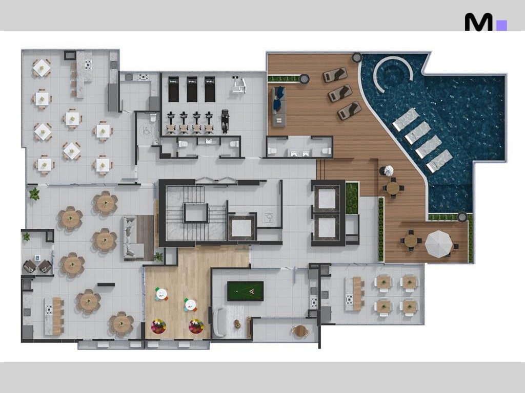 Planta baixa do Quest Residence com piscina, academia, salão de jogos e restaurante.