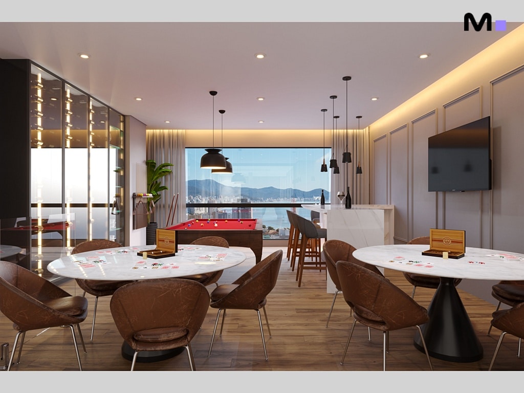 Sala de jogos moderna e luxuosa com mesa de sinuca, bar e vista panorâmica. Mont Blanc Residence.