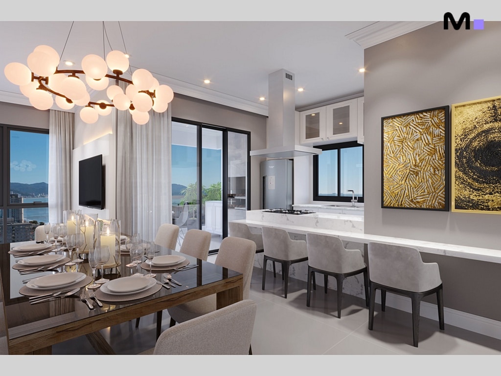 Sala de jantar moderna na Mont Blanc Residence com lustre elegante e vista para o mar.