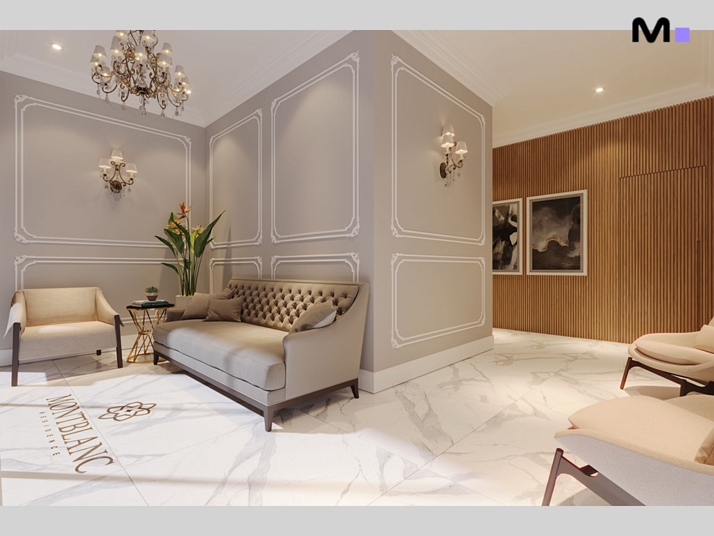 Hall de entrada do Mont Blanc Residence com sofá e decoração elegante.