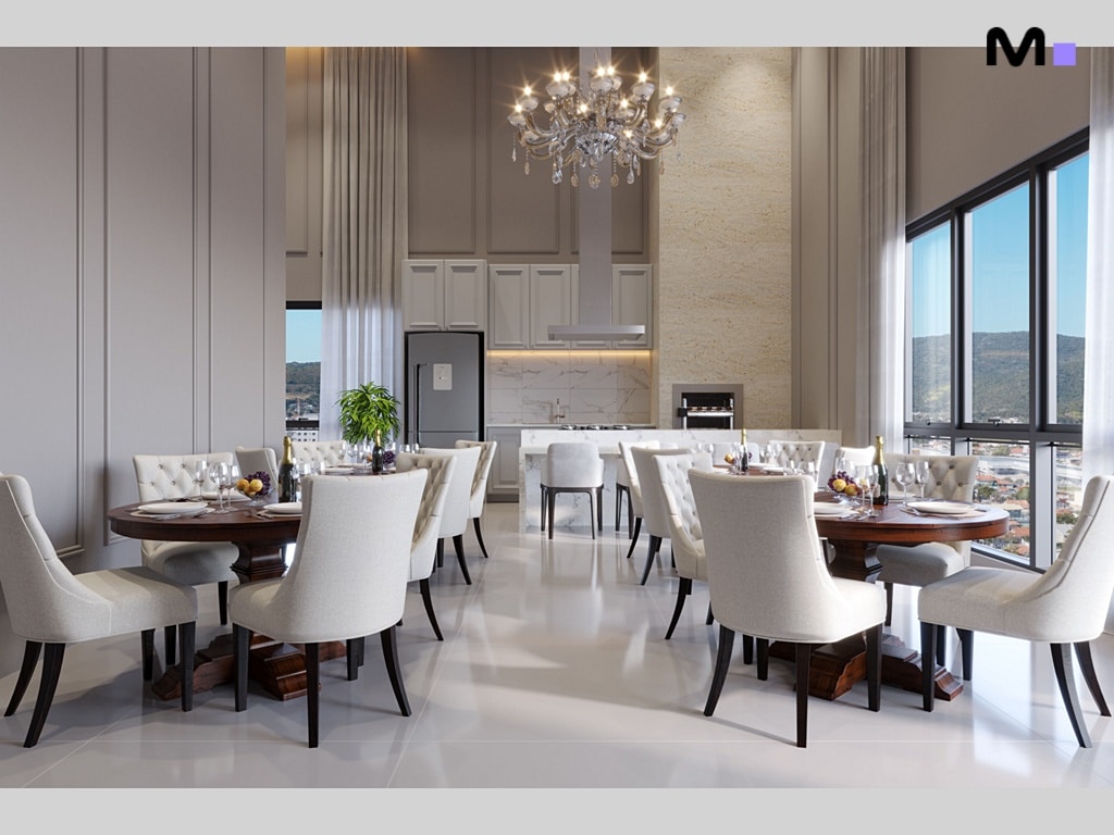 Sala de jantar elegante com lustres e vista panorâmica.