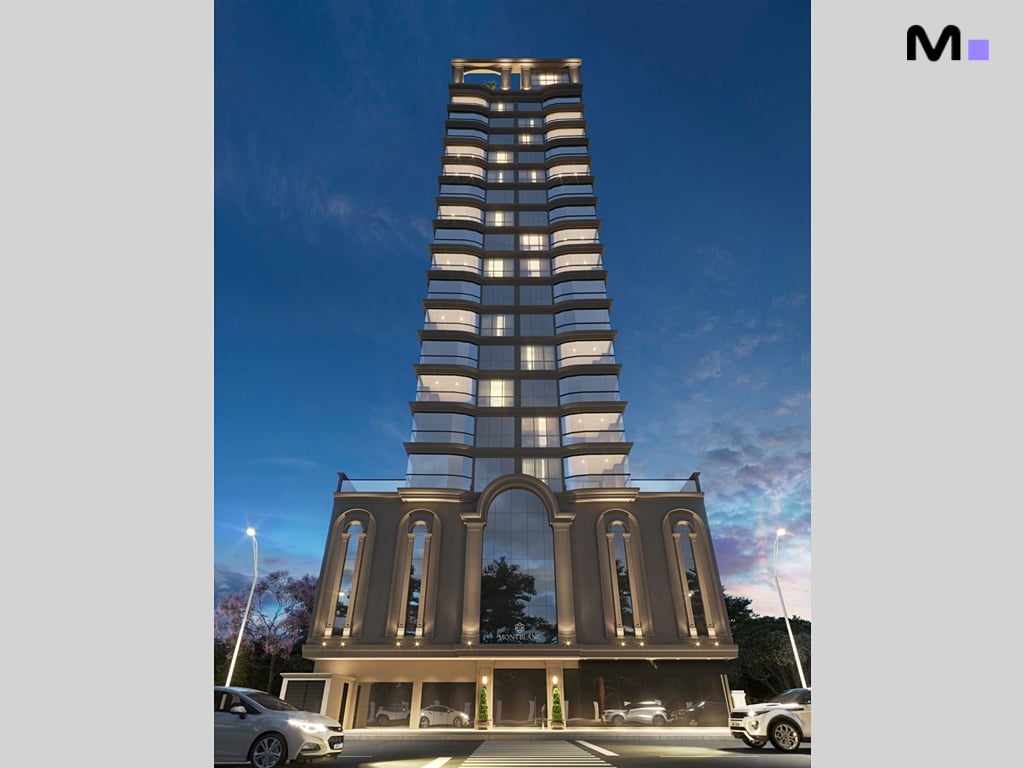 Residência Mont Blanc: Fachada noturna de prédio alto e moderno.