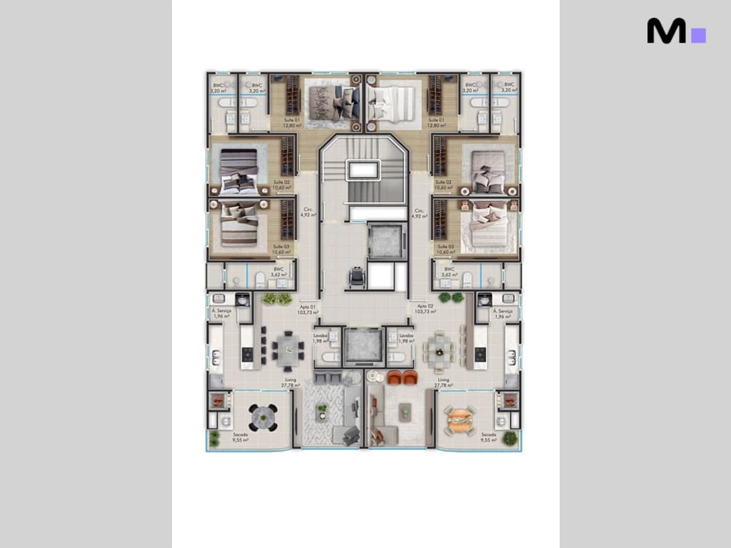 Planta do Mont Blanc Residence com layout de apartamentos detalhado.