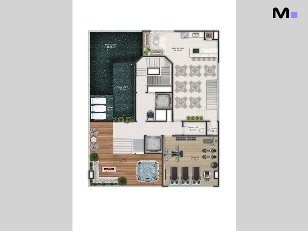 Planta do Mont Blanc Residence com piscina, academia, salão de festas e jacuzzi.