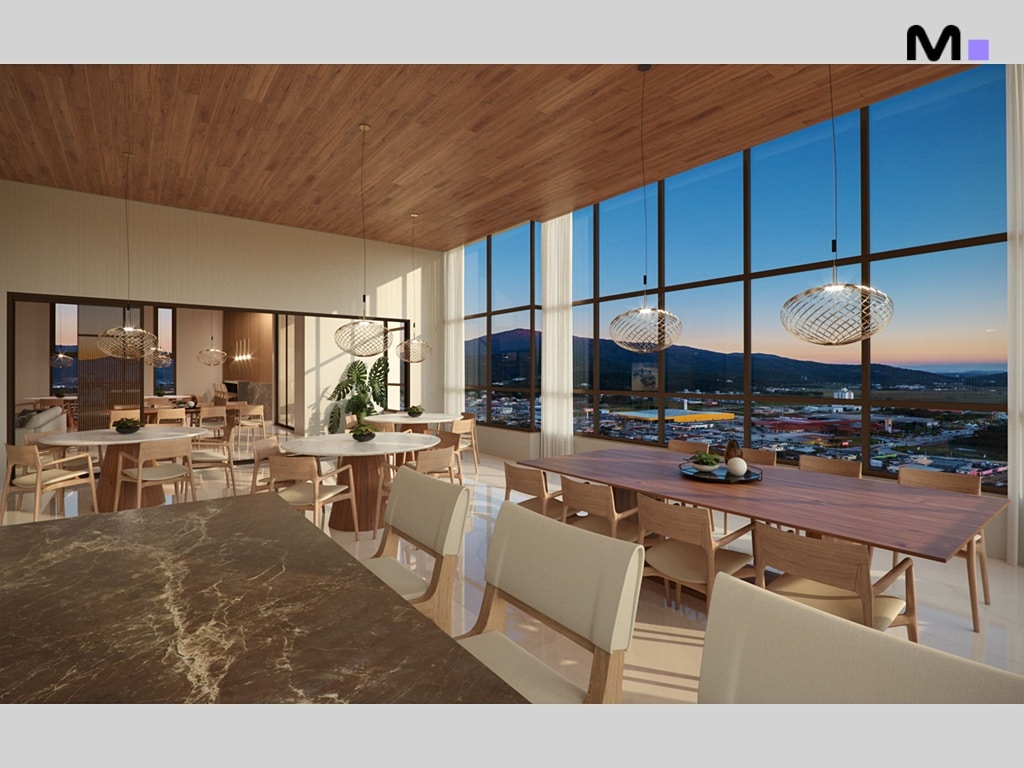 Interior iluminado do Quest Residence com vista panorâmica e design moderno.