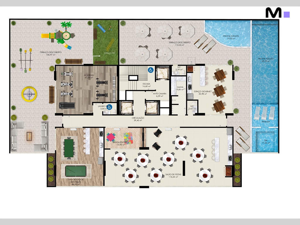 Planta baixa da residência Province di Trento: piscina, academia, salão de festas e brinquedoteca.
