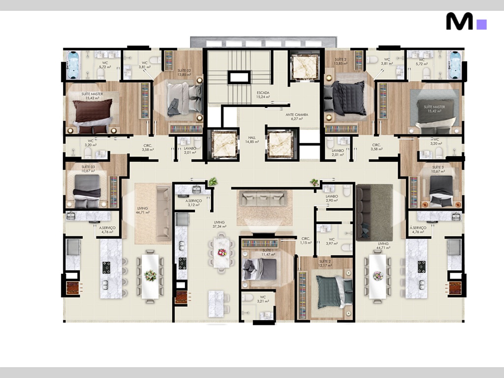 Planta baixa do Province di Trento Residence com suítes, salas, cozinha e áreas de serviço.