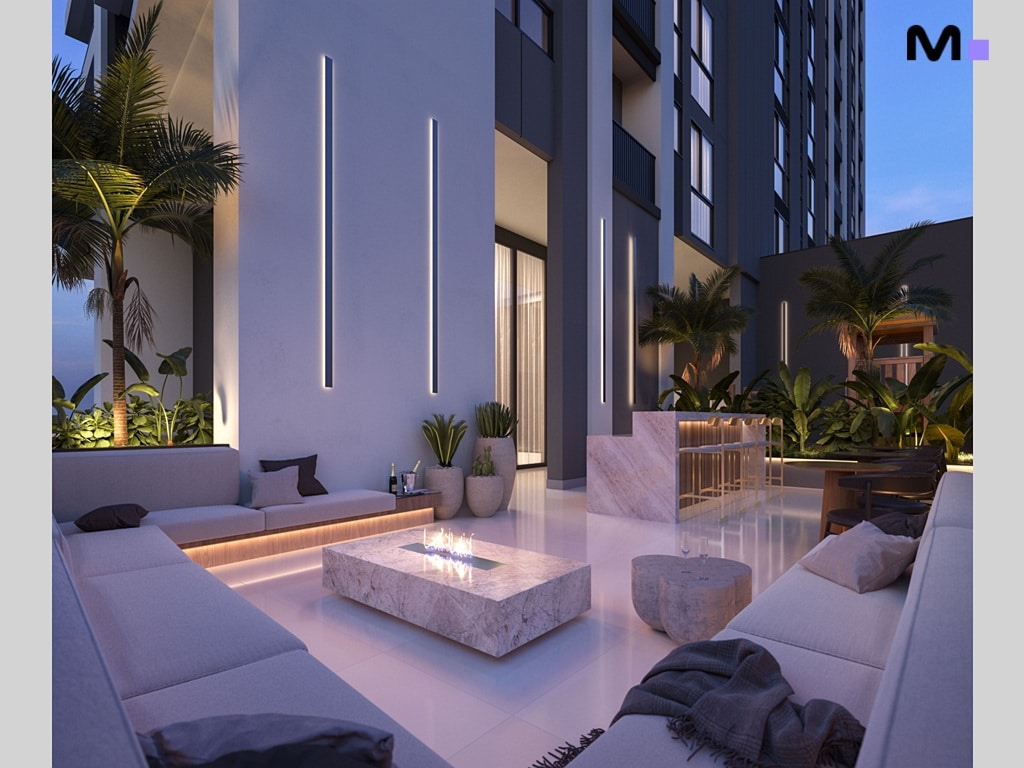 Elegante área externa com sofás, bar e iluminação moderna para uma soirée inesquecível.