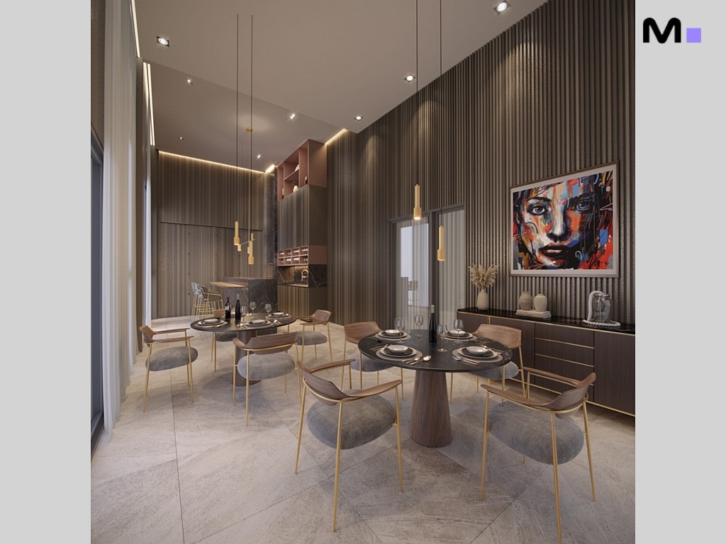 Sala de jantar moderna com mesas redondas, cadeiras douradas e arte abstrata na parede. Soirée.