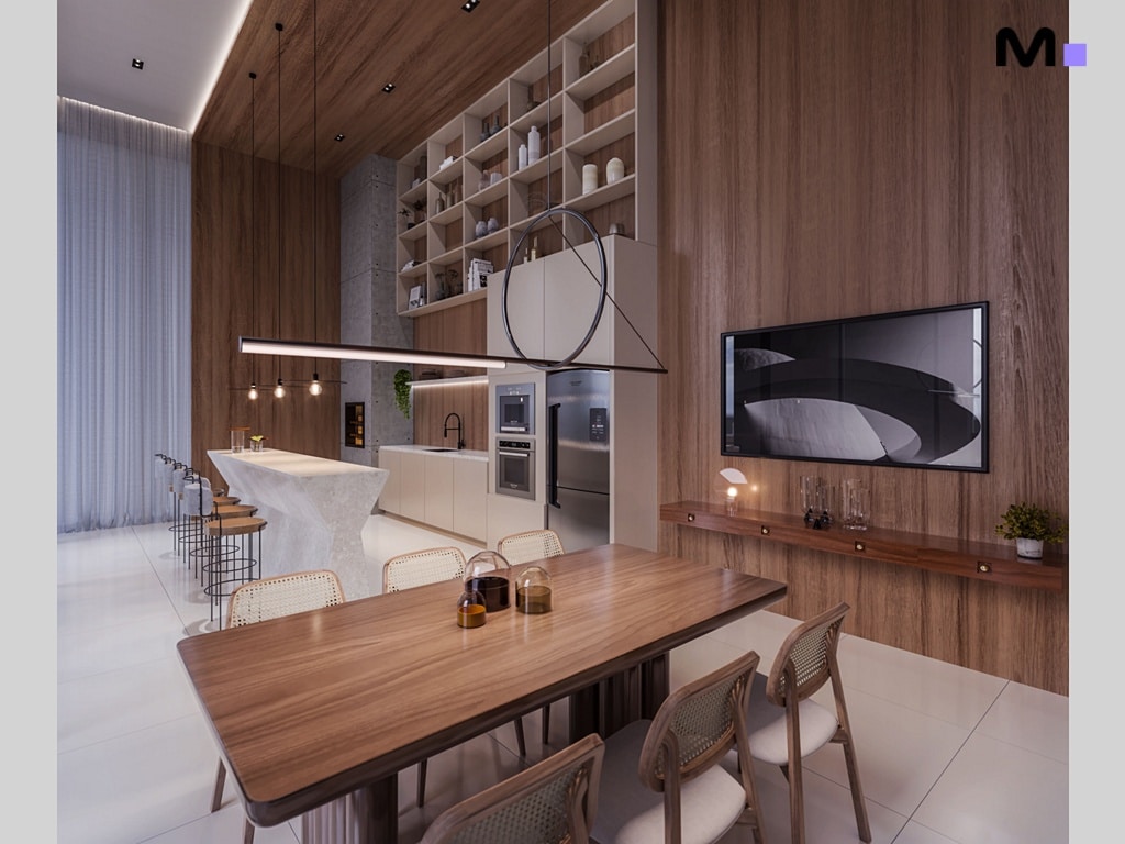 Cozinha moderna com mesa de jantar de madeira e iluminação elegante. Design de interiores para uma soirée sofisticada.