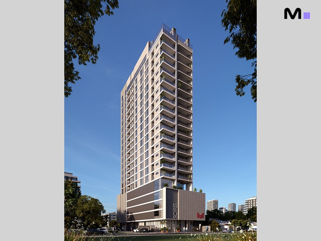 Edifício Soirée moderno com varandas e design elegante sob céu azul.