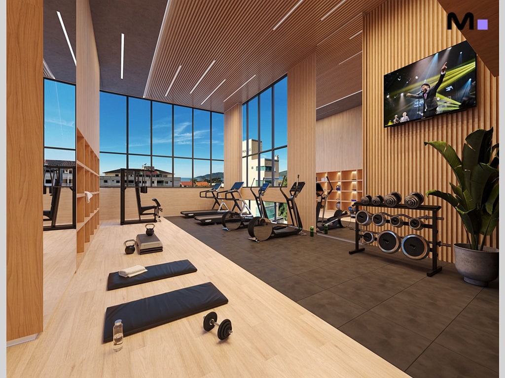 Academia moderna com esteira, pesos e vista ampla. Ideal para a "Soirée" de exercícios.