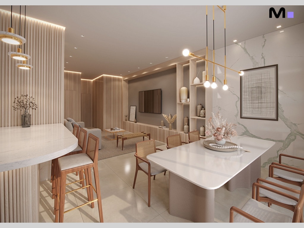 Sala de estar e jantar moderna com iluminação elegante, ideal para uma soirée sofisticada.