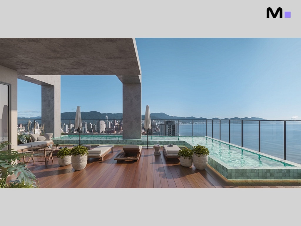Cobertura com piscina infinita e vista panorâmica para o mar. Design moderno e elegante.