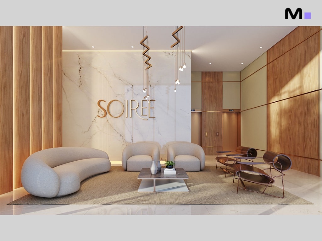 Lobby moderno com a palavra "Soirée" em destaque e mobiliário elegante.