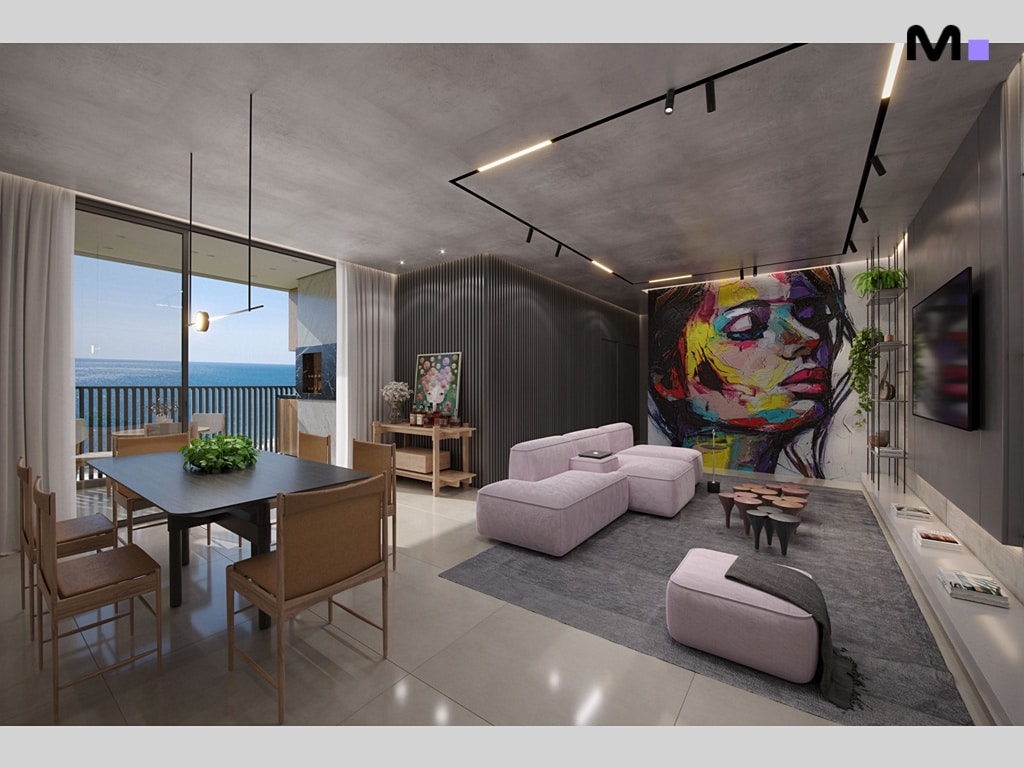 Sala de estar moderna com vista para o mar, ideal para uma soirée relaxante.