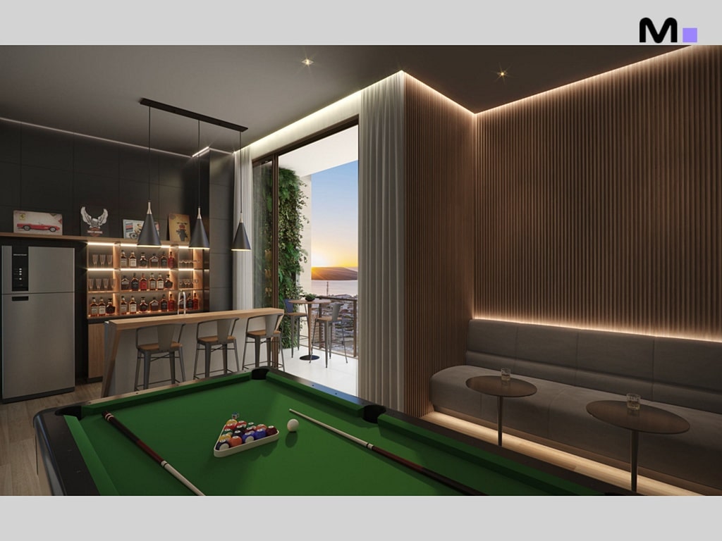 Sala de jogos com mesa de bilhar, bar e varanda com vista para o mar. Ideal para uma soirée inesquecível.
