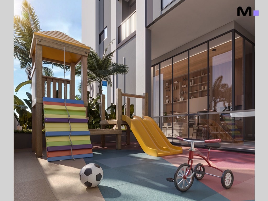 Playground colorido com escorrega e triciclo. Ideal para crianças em condomínios.