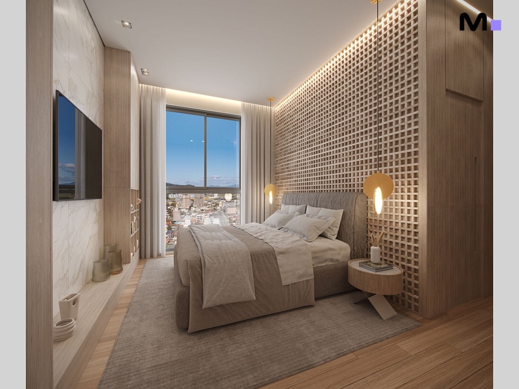 Quarto moderno com cama king-size, vista da cidade e decoração aconchegante para uma soirée relaxante.