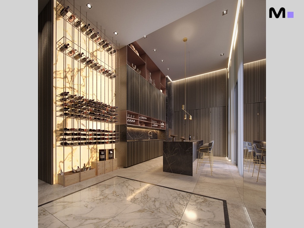 Elegante bar com adega iluminada e bancada de mármore. Ideal para uma soirée sofisticada.