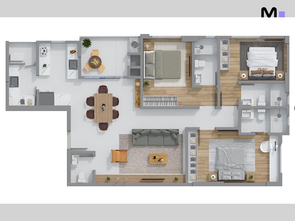 Planta baixa moderna de apartamento, mostrando layout com quartos, sala, cozinha e banheiros.
