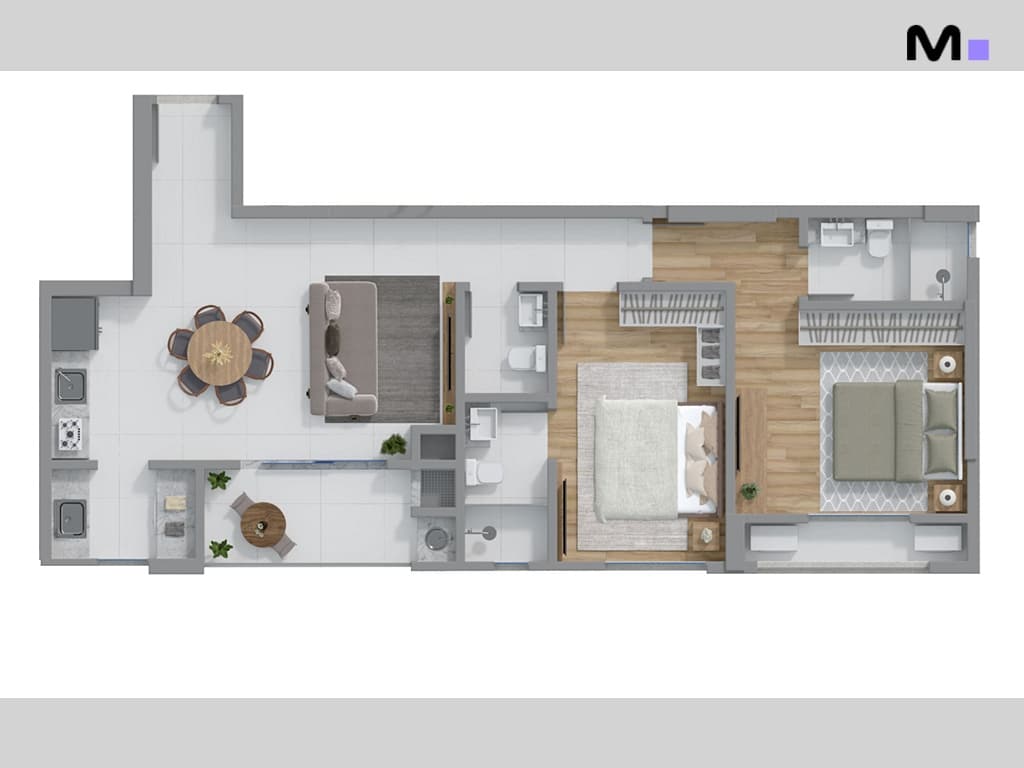 Planta baixa de apartamento moderno com sala, cozinha, quarto e banheiro. Design elegante e funcional.