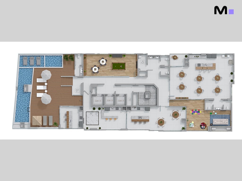 Planta baixa de área de lazer "Soirée" com piscina, salão de jogos e espaço gourmet.