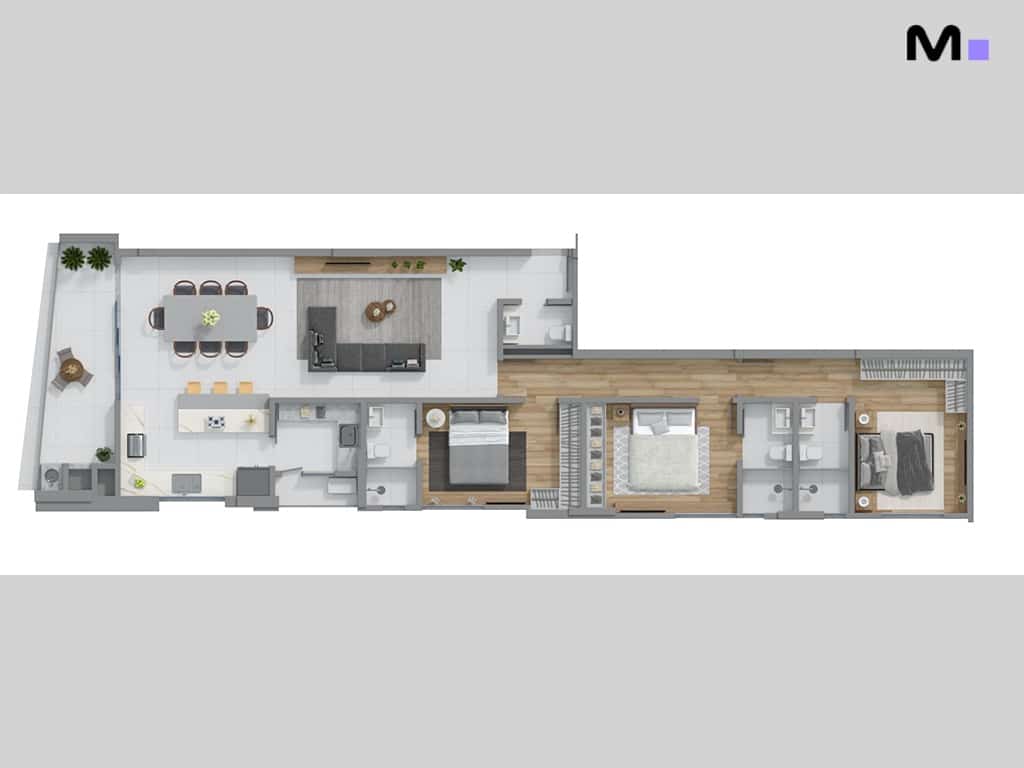 Planta baixa de apartamento espaçoso com varanda, sala de estar, cozinha e quartos.
