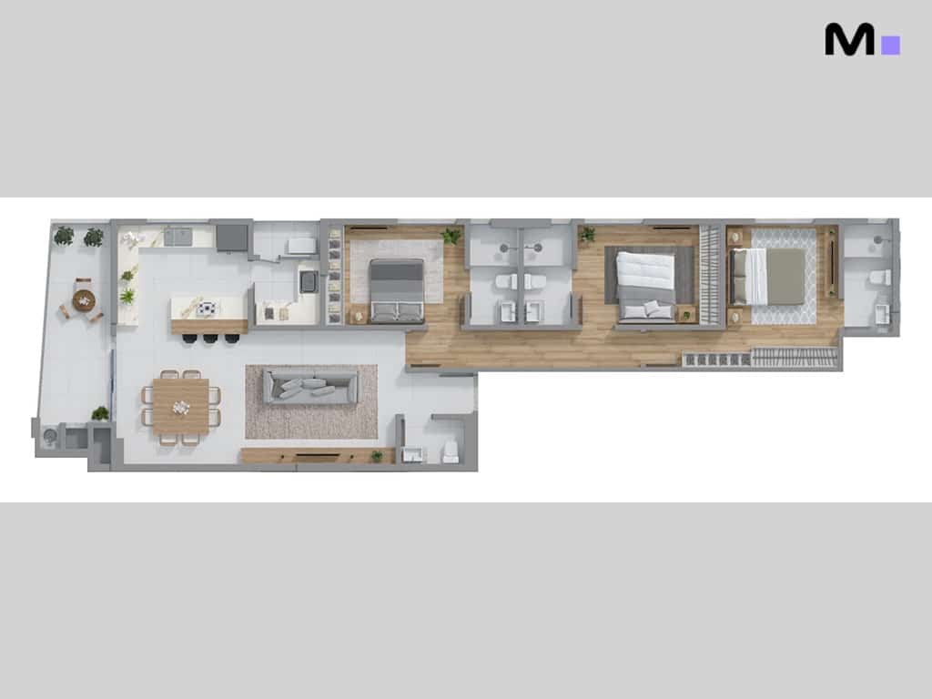 Planta baixa de apartamento espaçoso com sala de estar, cozinha, quartos e varanda. Design moderno e elegante.