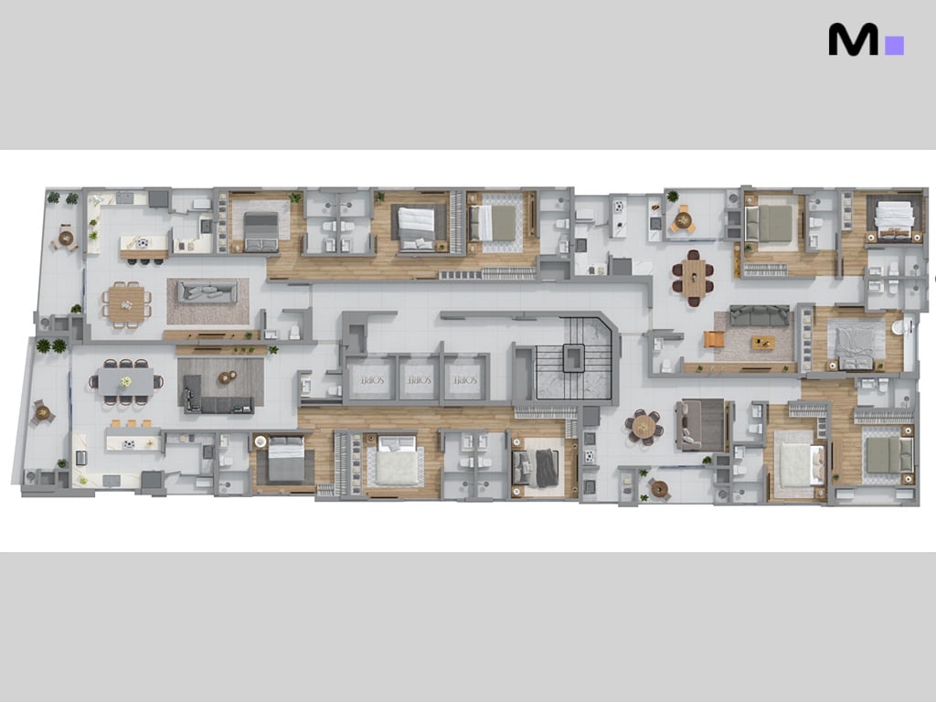 Planta baixa de um apartamento de luxo, ideal para uma soirée elegante.