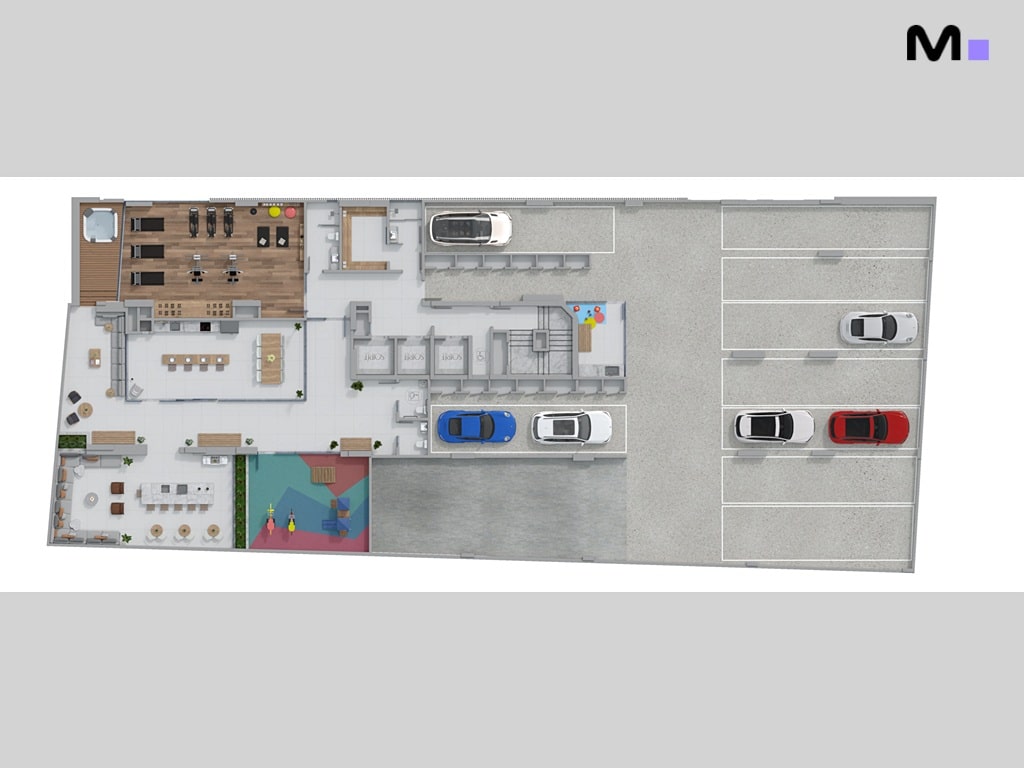 Planta baixa de condomínio "Soirée" com academia, salão de festas, playground e estacionamento.