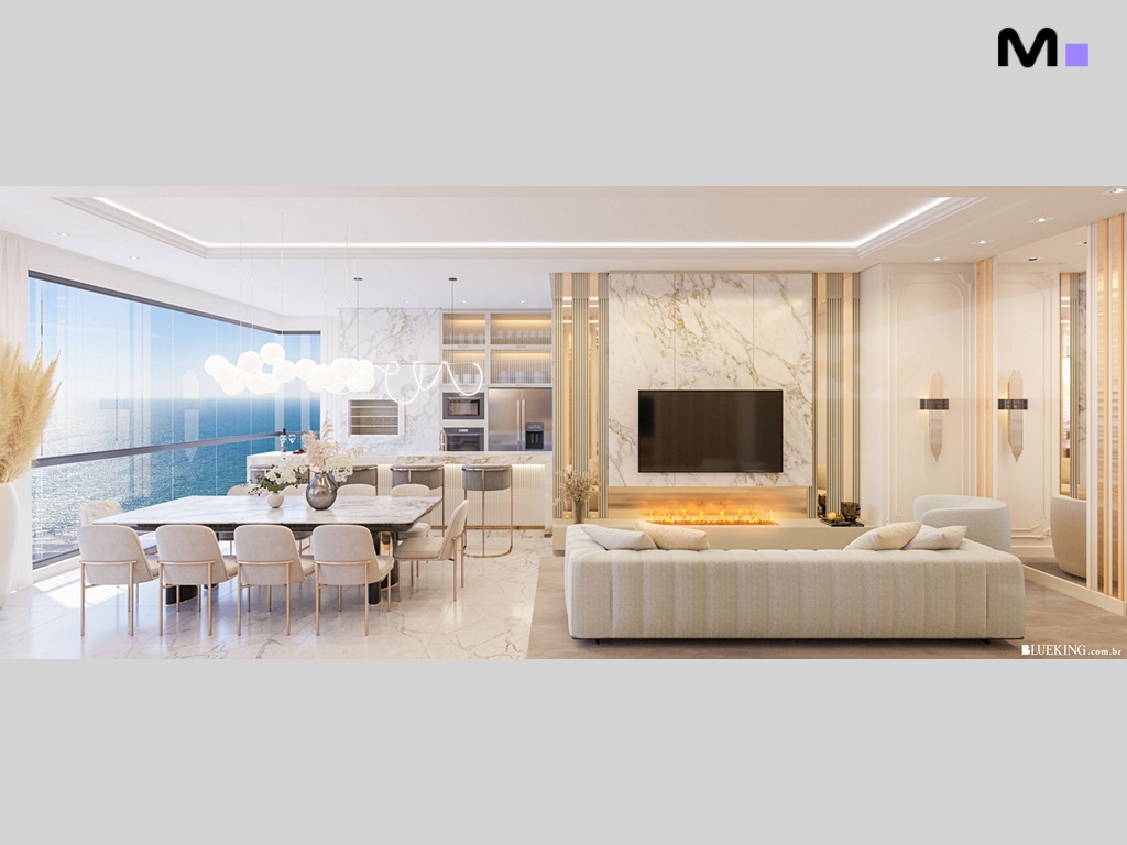 Interior moderno e luxuoso da residência Province di Trento com cozinha, sala de estar e vista para o mar.