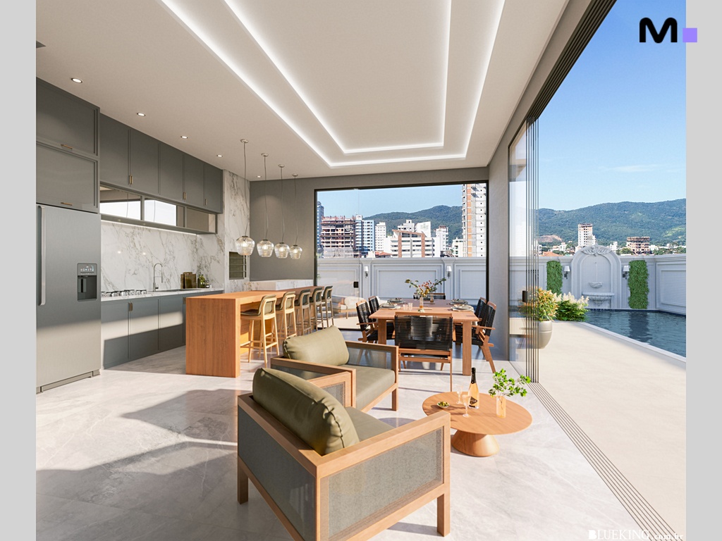 Interior moderno e luxuoso com cozinha aberta e vista para a paisagem urbana montanhosa.