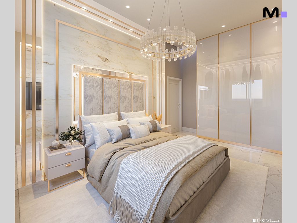 Quarto luxuoso com cama king size e lustre elegante.