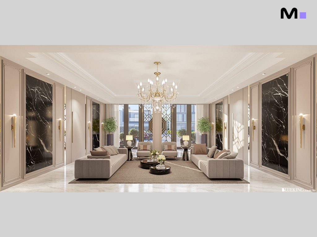 Sala de estar luxuosa da residência Province di Trento com sofás bege e lustre elegante.