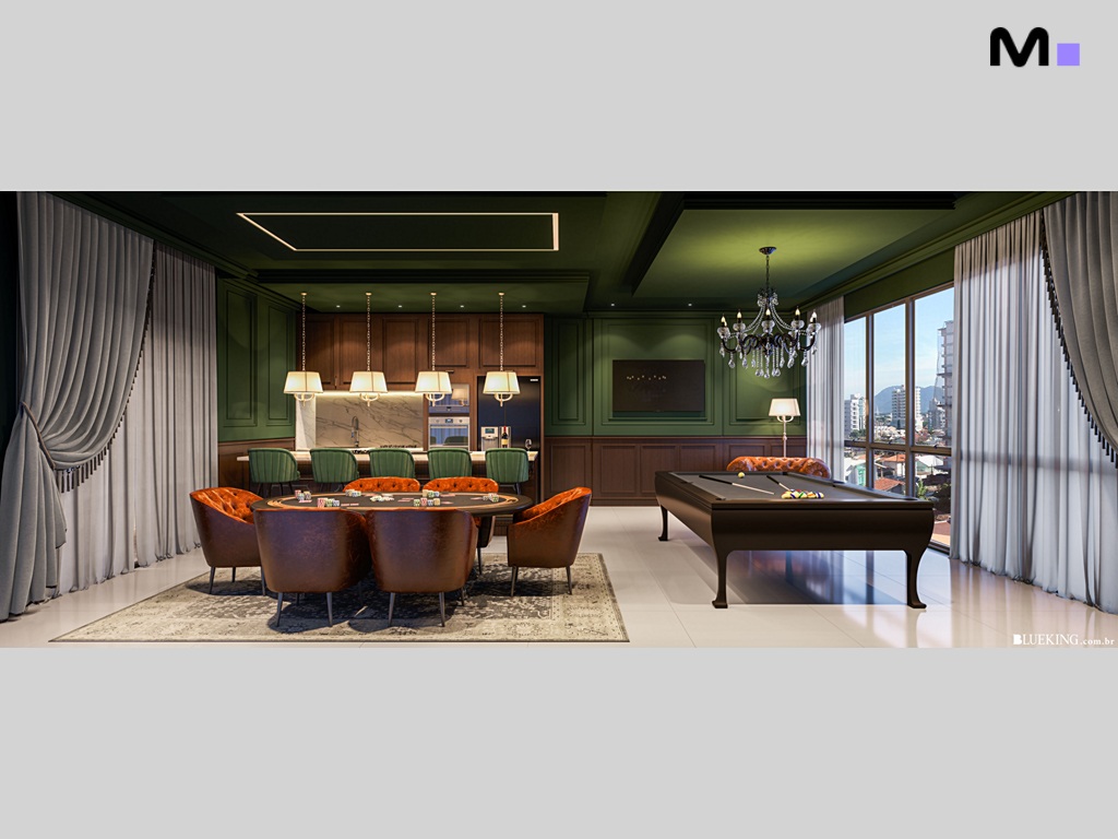 Sala de jogos elegante com mesa de bilhar e área de jantar. Residência Province di Trento.