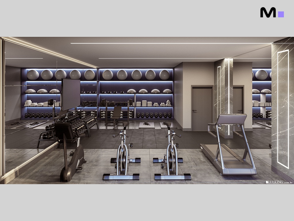 Academia moderna com equipamentos de ginástica e espelhos. Design de interiores da residência Province di Trento.