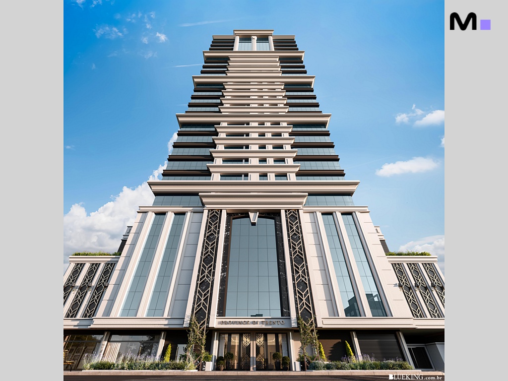 Fachada do Province di Trento Residence, um arranha-céu moderno com design escalonado e janelas amplas.