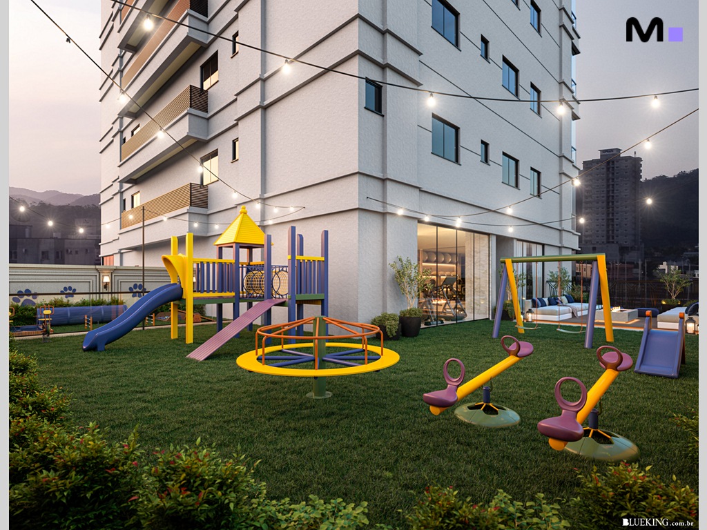 Playground moderno em condomínio residencial Province di Trento. Balanços, escorregador e gramado.